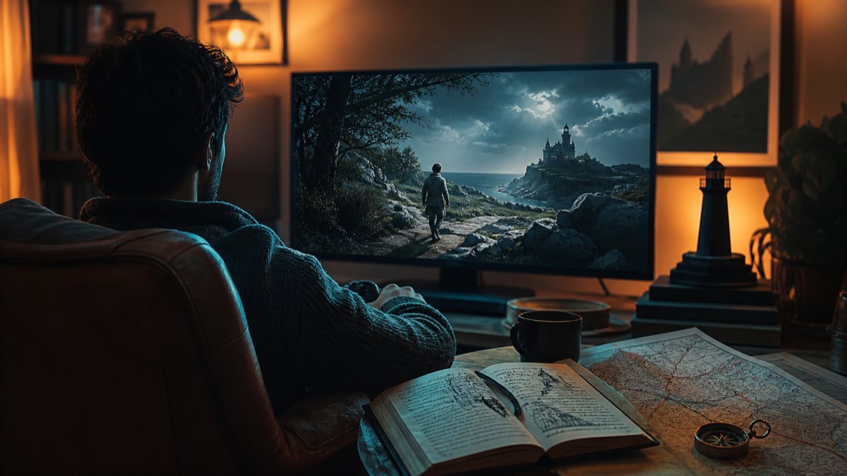 Игрок дома перед монитором с атмосферной приключенческой игрой