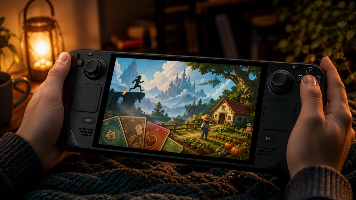 Портативная игровая консоль в руках с яркой игрой на экране