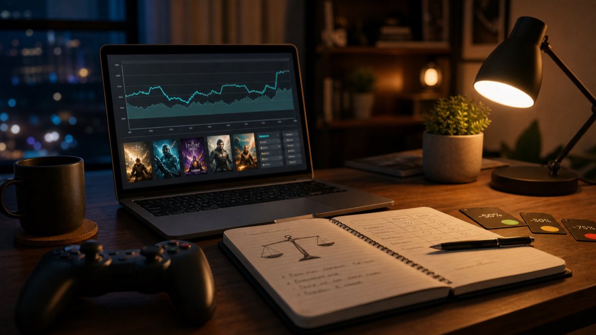 Ноутбук с графиком изменения цен на игры и заметками для сравнения офферов